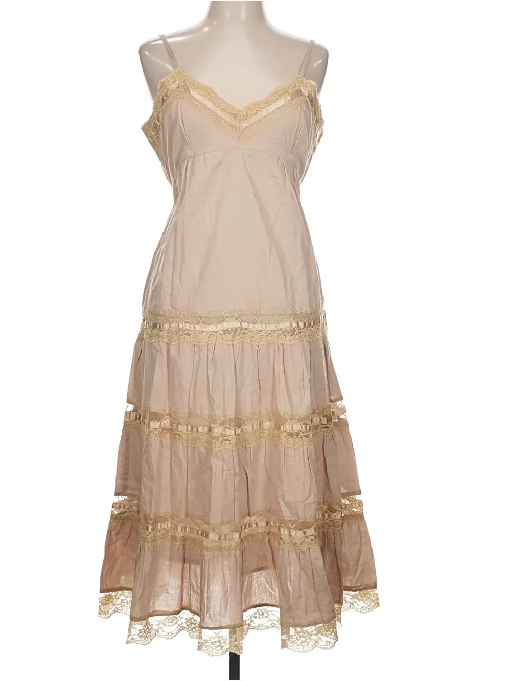 READ! Vintage Romantic Prairie Beige Tiered Lace Trim Sleeveless Cocktail Dress - Picture 1 of 2